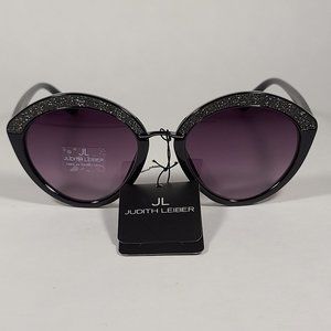 JL By Judith Leiber Jasmine Cat Eye Sunglasses Black Glitter Gray Purple Gradien